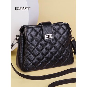 ESUNARTY菱格包包女包2025新款時尚單肩斜挎包百搭真皮多層小方包