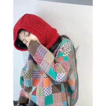 韓國女童圓領冬格子外穿針織衫