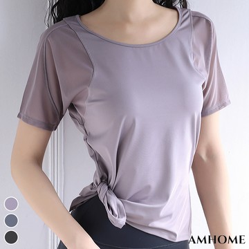 【Amhome】韓版拼紗健身瑜伽跑步運動短袖上衣# 111443(現貨+預購)
