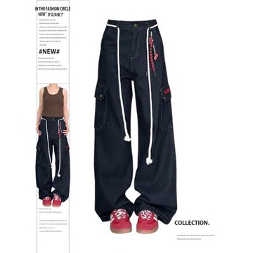 大碼美式復古休閑大口袋工裝牛仔褲女2024新款寬松丹寧直筒闊腿褲