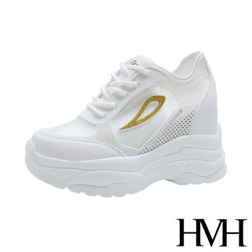 【HMH】休閒鞋 厚底休閒鞋/時尚縷空網面金蔥線條拼接個性厚底內增高休閒鞋 金