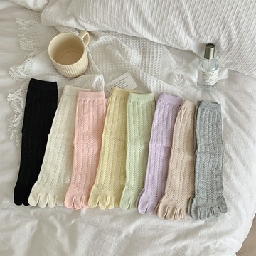 五指襪女春夏薄款鏤空網眼奶油色中筒襪日系甜美少女風百搭分趾襪