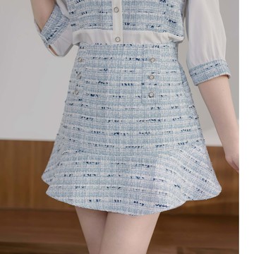 【早春新品】HS 抹胸拼接小香套裝短裙 藍色