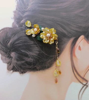 檸檬手作髮飾  天然黃蝶貝姚黃牡丹髮釵/髮夾  (流蘇可拆)