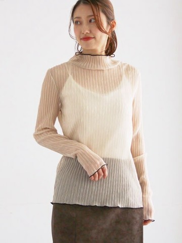 透明感褶皺紋理後開釦高領內搭上衣(0F001255510) - Te chichi