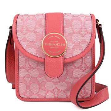 COACH 緹花織布金屬大圓牌翻蓋小斜背方包(粉色)