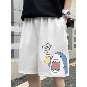 鯊魚冰絲短褲男夏季薄款潮牌運動休閑寬松設計感大碼五分沙灘褲子