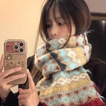 圍巾女 圍脖 秋冬圍巾 女生圍巾 韓版時尚圍脖費爾島風馬海毛針織羊毛圍巾女冬季高級感復古加厚保暖毛線圍脖潮925