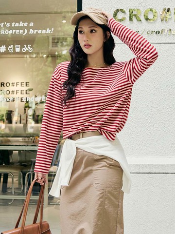 棉質條紋船型領前短後長上衣