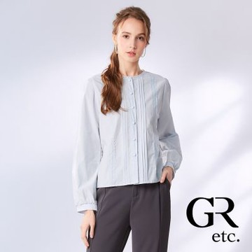 【GLORY21】網路獨賣款-etc.優雅蕾絲壓褶圓領開襟上衣-藍色
