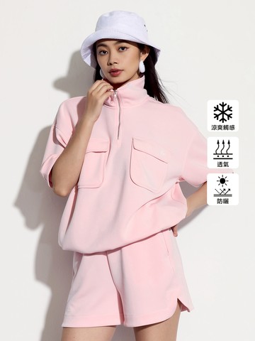 女裝 Logo防曬立領短袖T恤-粉色