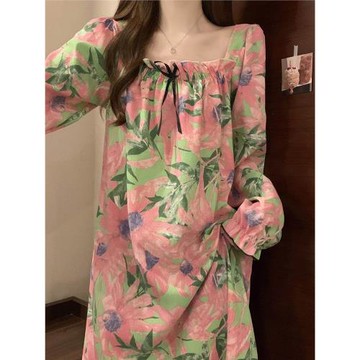 長袖睡裙女春秋季帶胸墊睡衣女夏天2025新款棉紗秋冬款條紋家居服