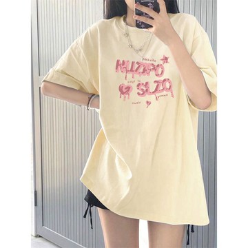 🎇夏季爆款🎇 杏色純棉短袖寬鬆中長款字母印花夏季T恤女生顯瘦休閒百搭上衣女