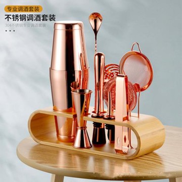 304不銹鋼調酒器套裝 雞尾酒杯盎司器鍍銅黑搖酒壺shaker帶收納架