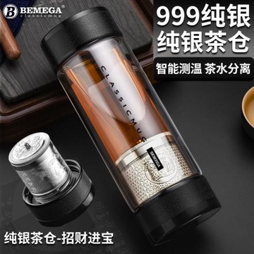 純銀玻璃杯雙層茶水分離泡茶杯子男999銀內膽保溫水杯教師節禮物
