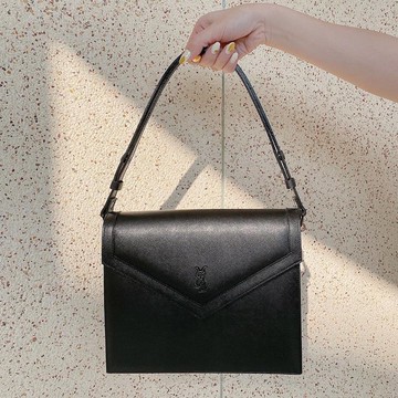 復古 Yves Saint Laurent YSL 黑色荔枝紋皮革 兩用手提斜背包