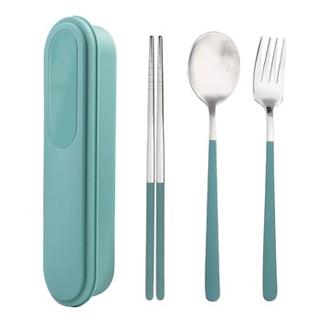 Cooksy 304不鏽鋼環保餐具/高溫耐受便攜式餐具 3件組 21.5 x 5.5 x 3cm  1組  叉 + 匙 + 筷  綠色