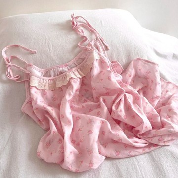 甜美 粉色 連衣裙 少女心 公主風 吊帶裙 綁帶肩帶 睡裙 夏季 新款 寬鬆 大碼 睡衣女 家居服 可外穿