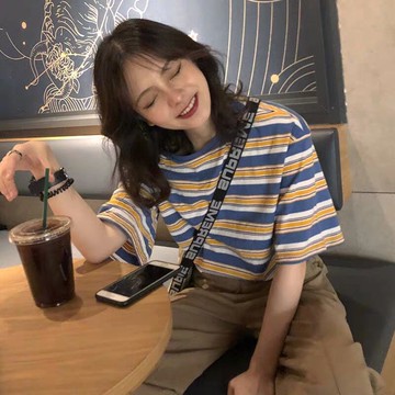 心機T恤女小眾超火cec短袖復古條紋寬松半袖百搭純棉港味夏裝上衣