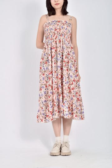 (S) eq質感碎花棉質細肩帶滿版印花粉色洋裝