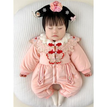 嬰兒衣服冬裝女寶寶連體衣滿月百天中國風周歲禮服過年新年拜年服