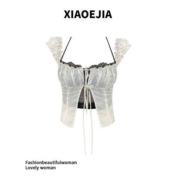 XIAOEJIA辣妹純欲性感綁帶波點蕾絲雪紡短款吊帶上衣女兩件套
