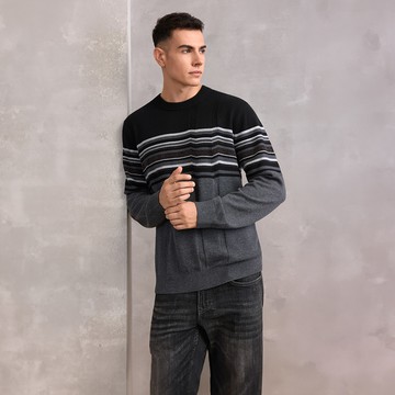 可機洗柔軟輕膚粗針橫間條紋撞色圓領尼龍混紡針織衫/風暴灰色 | 5817709396