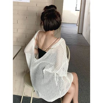 慵懶風設計感鏤空透視露背大V領針織罩衫夏季薄款寬松高級上衣T恤