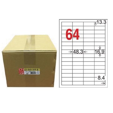 【龍德】LONGDER 三用電腦標籤 A4 64格 16.9*48.3mm可再貼1000張/箱 LD-849-WR-B(適用雷射、噴墨、影印)