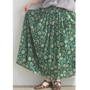 日本 OMNES - 100%印度棉 夏日透氣長裙-綠底米花