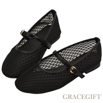 【Grace Gift】名人時尚透膚網面平底瑪莉珍鞋 黑
