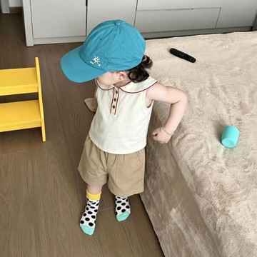 Mimo⭐兒童無袖T恤夏季男童百搭刺繡海軍領薄款半開襟休閒上衣t