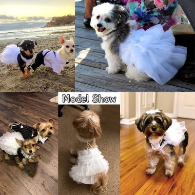 WORDERFUL Dog Wedding Dress Bride Outfit with Pearl Necklace and Rose