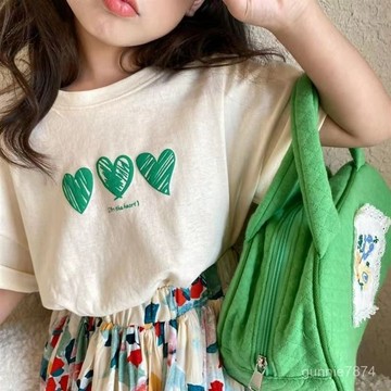 兒童純棉T恤夏季女童韓版印花綠心短袖T打底衫寶寶寬鬆圓領上衣女童短袖 兒童上衣 兒童T恤 卡通上衣 中大童短袖