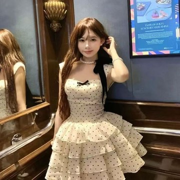 【砂糖夢境】甜美風波點吊帶連衣裙套裝女薄款防曬開衫拼接a字蛋糕裙超仙短裙