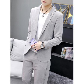 西裝男士套裝春夏季純色休閑兩件一套衣服潮流韓版修身小西服薄款