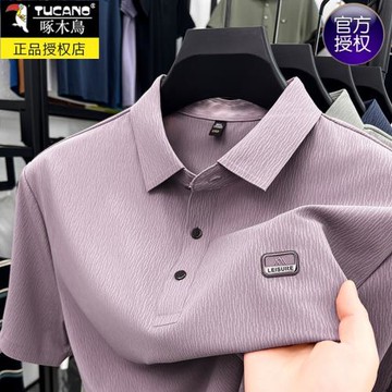 啄木鳥2025夏季新款高端冰絲無痕短袖t恤男中年爸爸裝翻領polo衫