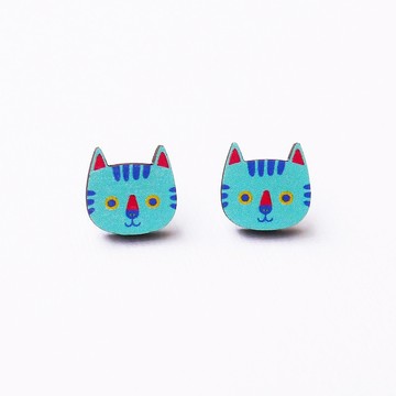 Mimi The Blue Cat 咪咪藍色小貓木製耳環 原創插畫 耳針耳夾