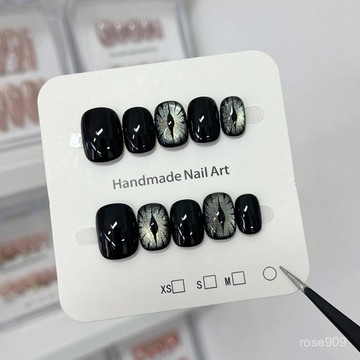 ➕最新設計款穿戴甲💅闇黑風個性辣妹獨特小衆款噁魔之眼美甲氣質顯白純手繪穿戴甲短方圓穿戴甲 U9WB