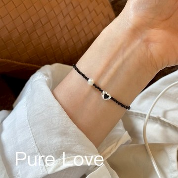 Pure Love樂芙 / 正韓 銀飾【S925純銀】B0792簡約通體純銀手鍊不規則黑晶石愛心珍珠手鏈 / 銀