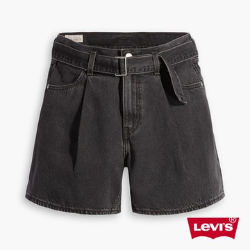 Levis 女款 高腰打摺牛仔闊腿短褲 / 黑皮牌 旗標 / 附腰帶 / 天絲棉