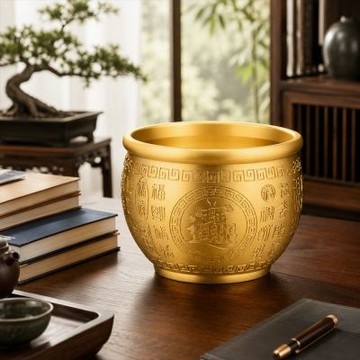 百福純黃銅米缸 聚寶盆 招財聚財擺件 中式玄關風水擺飾 辦公室桌面擺件（聚寶盆）