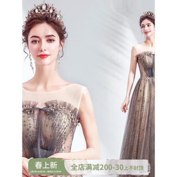 季末特惠灰色宴會年會舞臺演出主持人走秀婚紗晚禮服6960批發