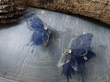 【聖誕優惠】【送禮】水晶紗花蝴蝶 耳環/耳夾-藍