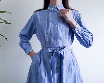 復古藍色牛仔手工刺繡襯衫式連身裙 尺寸 M  棉連身裙 搭配