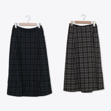 【CUMAR】學院風格紋後腰鬆緊長裙 藍 咖