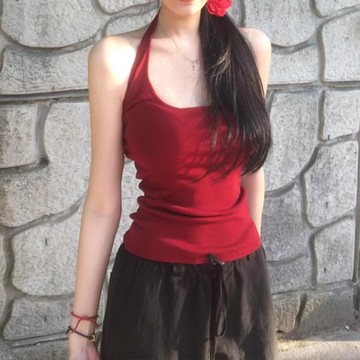 小可愛 純欲風性感背心 辣妹紅色掛脖背心 女夏季吊帶背心 修身顯瘦u領吊帶上衣 女生背心 百搭吊帶【不二雜貨】