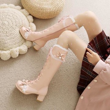 秋冬新款長靴女中筒靴粗跟蕾絲花邊蝴蝶結甜美可愛少女騎士靴女