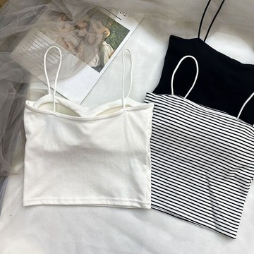 胖胖美依 背心 美背 吊帶 黑白條紋美背吊帶背心細肩帶一字領百搭內搭帶胸墊防走光抹胸罩-3852.