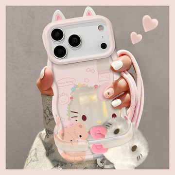 碎花貓咪公仔掛繩適用蘋果16promax手機殼iphone17可愛15雙支架14